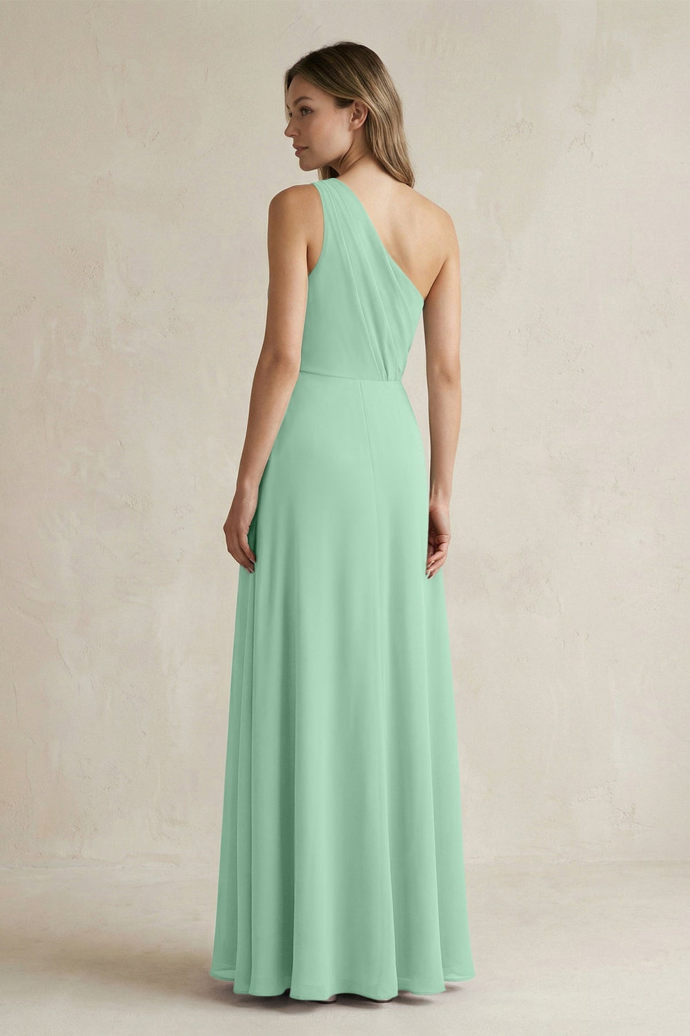 One-Shoulder Chiffon A-Line Bridesmaid Dress With Slit in Pale Pistachio - KissProm BRIDESMAID DRESSES