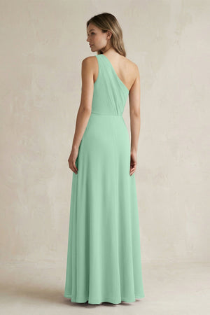 One-Shoulder Chiffon A-Line Bridesmaid Dress With Slit in Pale Pistachio - KissProm BRIDESMAID DRESSES