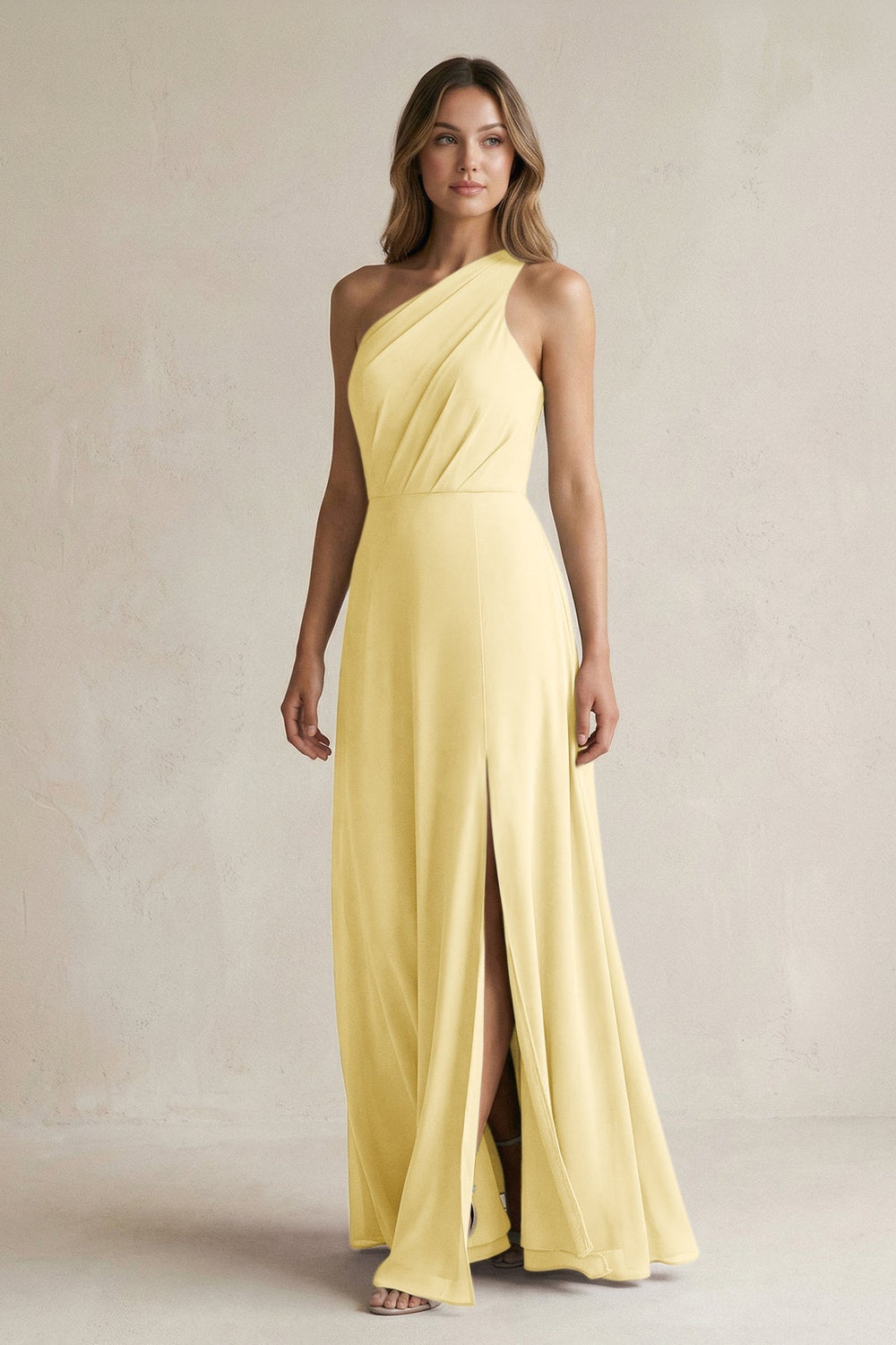 One-Shoulder Chiffon A-Line Bridesmaid Dress With Slit in Pastel Yellow - KissProm BRIDESMAID DRESSES
