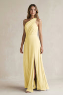 One-Shoulder Chiffon A-Line Bridesmaid Dress With Slit in Pastel Yellow - KissProm BRIDESMAID DRESSES