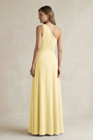 One-Shoulder Chiffon A-Line Bridesmaid Dress With Slit in Pastel Yellow - KissProm BRIDESMAID DRESSES