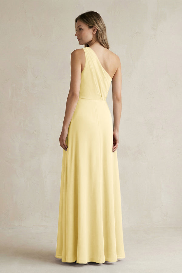 One-Shoulder Chiffon A-Line Bridesmaid Dress With Slit in Pastel Yellow - KissProm BRIDESMAID DRESSES