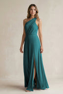 One-Shoulder Chiffon A-Line Bridesmaid Dress With Slit in Pine - KissProm BRIDESMAID DRESSES