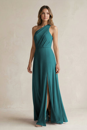 One-Shoulder Chiffon A-Line Bridesmaid Dress With Slit in Pine - KissProm BRIDESMAID DRESSES