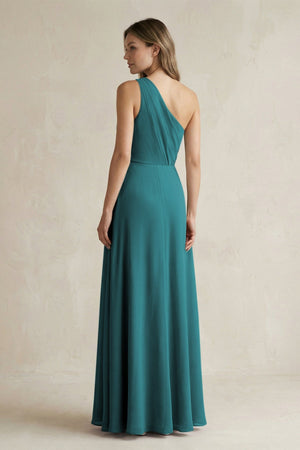 One-Shoulder Chiffon A-Line Bridesmaid Dress With Slit in Pine - KissProm BRIDESMAID DRESSES