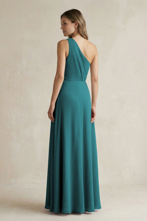 One-Shoulder Chiffon A-Line Bridesmaid Dress With Slit in Pine - KissProm BRIDESMAID DRESSES