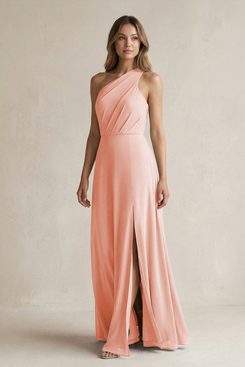 KissProm | One-Shoulder Ruched Chiffon Bridesmaid Dress in Rose Petal