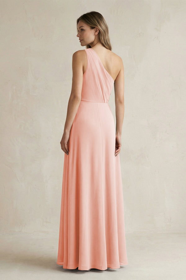 One-Shoulder Chiffon A-Line Bridesmaid Dress With Slit in Rose Petal - KissProm BRIDESMAID DRESSES