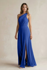 One-Shoulder Chiffon A-Line Bridesmaid Dress With Slit in Royal Blue - KissProm BRIDESMAID DRESSES