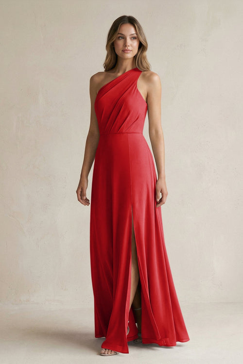 One-Shoulder Chiffon A-Line Bridesmaid Dress With Slit in Ruby Red - KissProm BRIDESMAID DRESSES