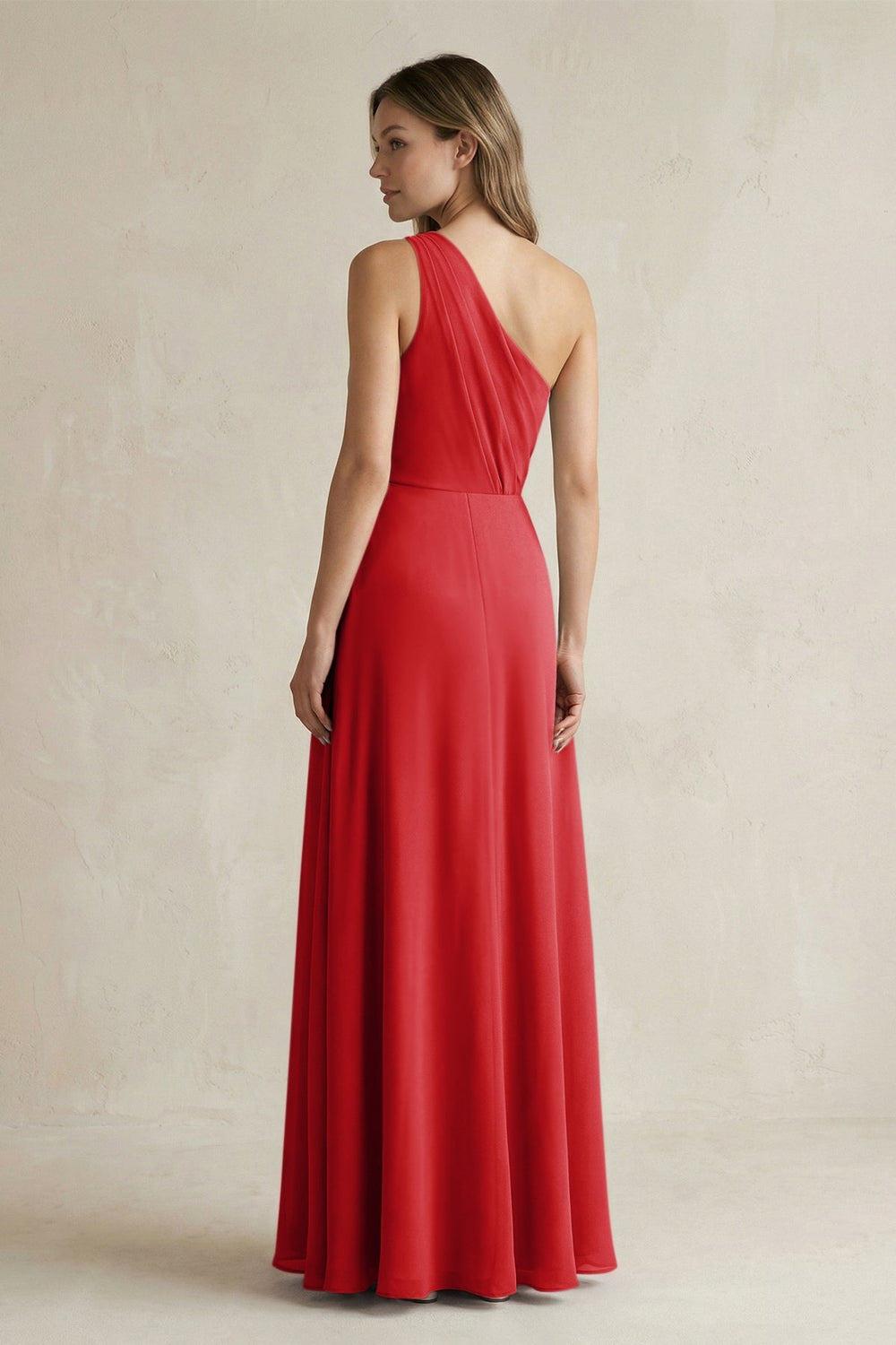 One-Shoulder Chiffon A-Line Bridesmaid Dress With Slit in Ruby Red - KissProm BRIDESMAID DRESSES