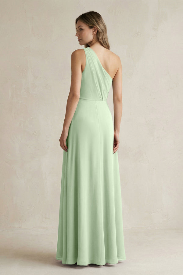 One-Shoulder Chiffon A-Line Bridesmaid Dress With Slit in Sage - KissProm BRIDESMAID DRESSES