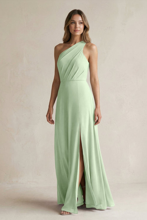 one shoulder sage green bridesmaid dress Sage Green One-Shoulder Chiffon A-Line Bow Bridesmaid Dress BS009 – SHEER  FAIRY main image 0