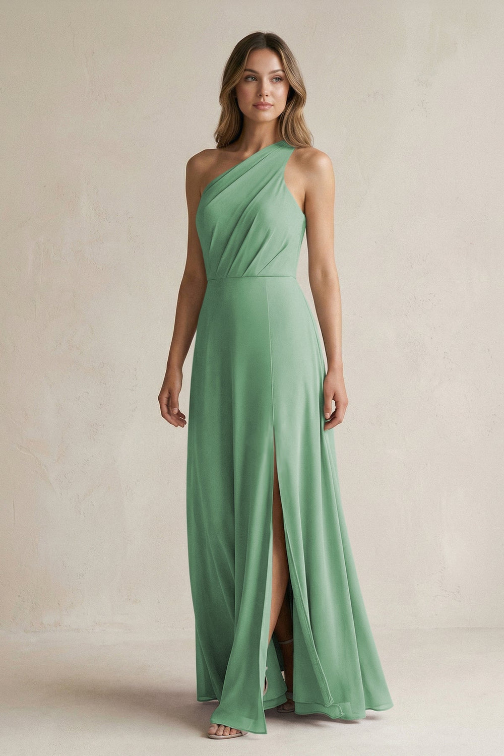 One-Shoulder Chiffon A-Line Bridesmaid Dress With Slit in Sea Glass - KissProm BRIDESMAID DRESSES