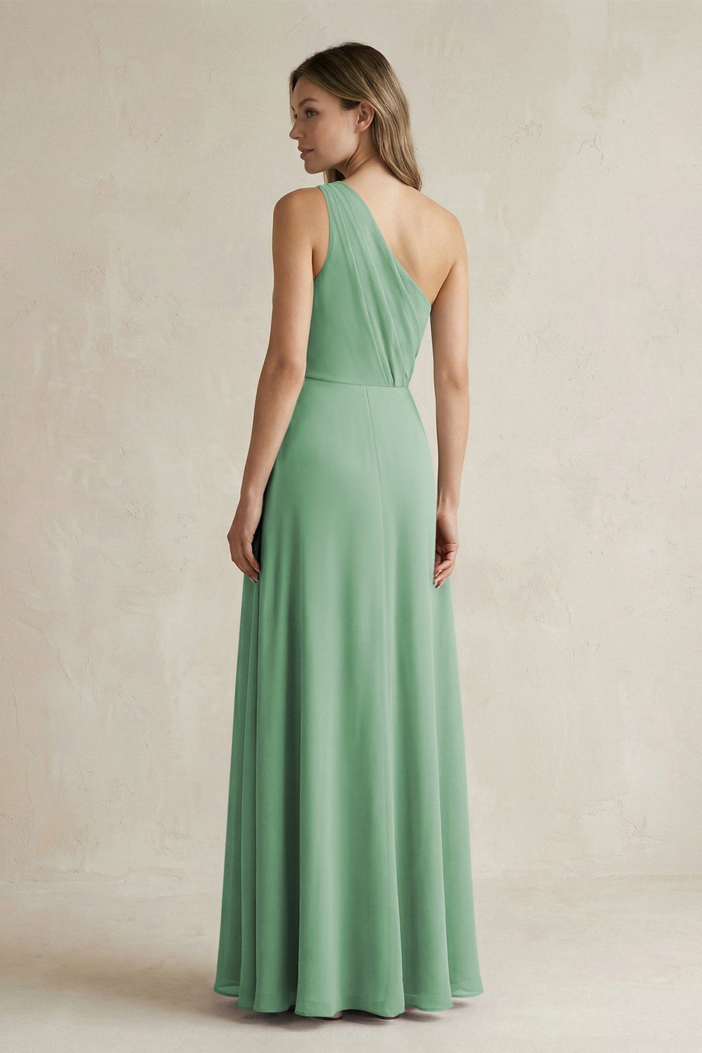 One-Shoulder Chiffon A-Line Bridesmaid Dress With Slit in Sea Glass - KissProm BRIDESMAID DRESSES