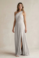 One-Shoulder Chiffon A-Line Bridesmaid Dress With Slit in Silver - KissProm BRIDESMAID DRESSES