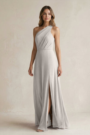 One-Shoulder Chiffon A-Line Bridesmaid Dress With Slit in Silver - KissProm BRIDESMAID DRESSES