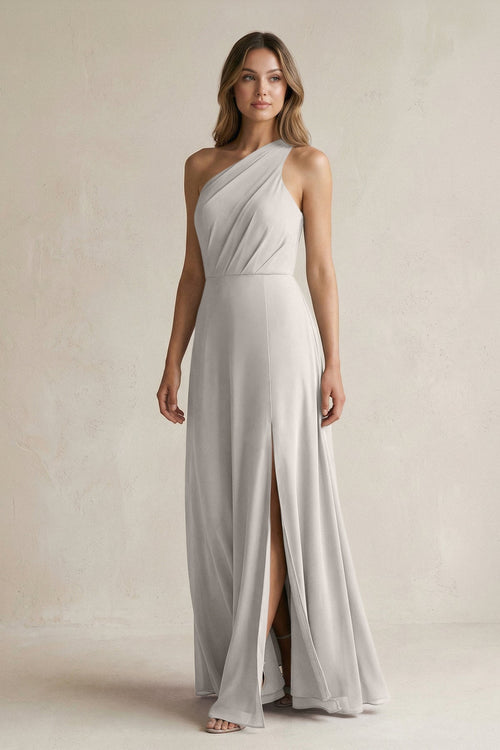 One-Shoulder Chiffon A-Line Bridesmaid Dress With Slit in Silver - KissProm BRIDESMAID DRESSES