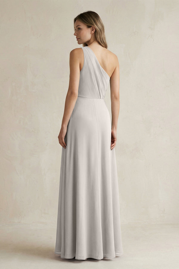 One-Shoulder Chiffon A-Line Bridesmaid Dress With Slit in Silver - KissProm BRIDESMAID DRESSES