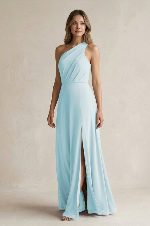 One-Shoulder Chiffon A-Line Bridesmaid Dress With Slit in Sky Blue - KissProm BRIDESMAID DRESSES