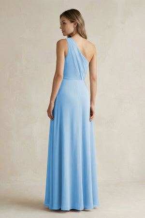 One-Shoulder Chiffon A-Line Bridesmaid Dress With Slit in Steel Blue - KissProm BRIDESMAID DRESSES