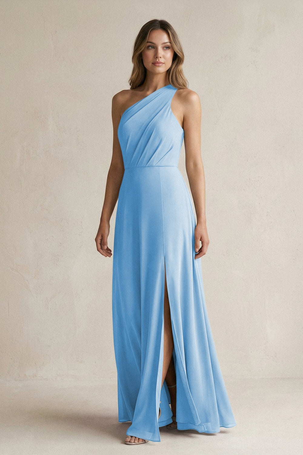 One-Shoulder Chiffon A-Line Bridesmaid Dress With Slit in Steel Blue - KissProm BRIDESMAID DRESSES