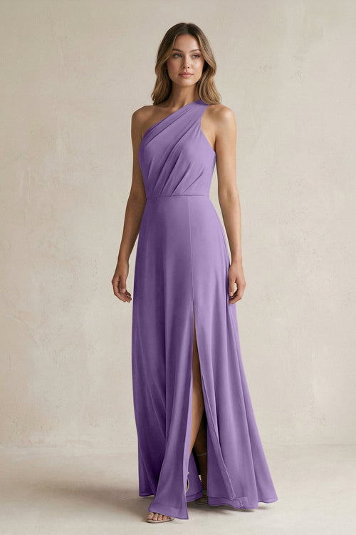 One-Shoulder Chiffon A-Line Bridesmaid Dress With Slit in Tahiti - KissProm BRIDESMAID DRESSES