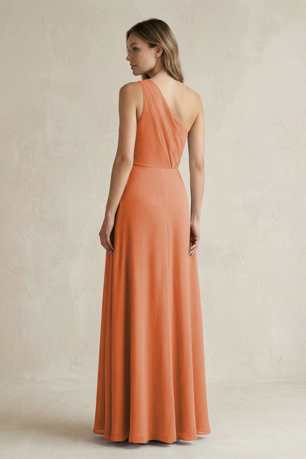 One-Shoulder Chiffon A-Line Bridesmaid Dress With Slit in Terracotta - KissProm BRIDESMAID DRESSES
