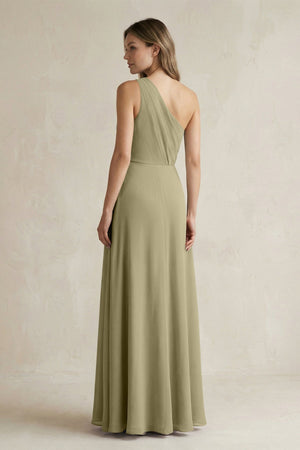 One-Shoulder Chiffon A-Line Bridesmaid Dress With Slit in Thyme - KissProm BRIDESMAID DRESSES