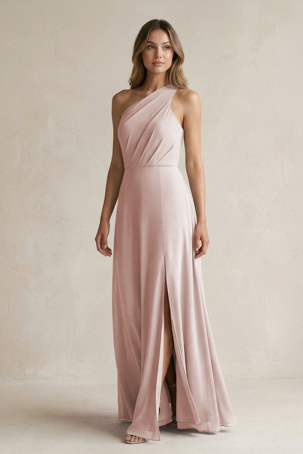 One-Shoulder Chiffon A-Line Bridesmaid Dress With Slit in Toffee - KissProm BRIDESMAID DRESSES
