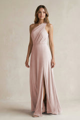 One-Shoulder Chiffon A-Line Bridesmaid Dress With Slit in Toffee - KissProm BRIDESMAID DRESSES