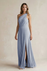 One-Shoulder Chiffon A-Line Bridesmaid Dress With Slit in Twilight - KissProm BRIDESMAID DRESSES