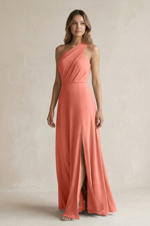 One-Shoulder Chiffon A-Line Bridesmaid Dress With Slit in Wild Rose - KissProm BRIDESMAID DRESSES