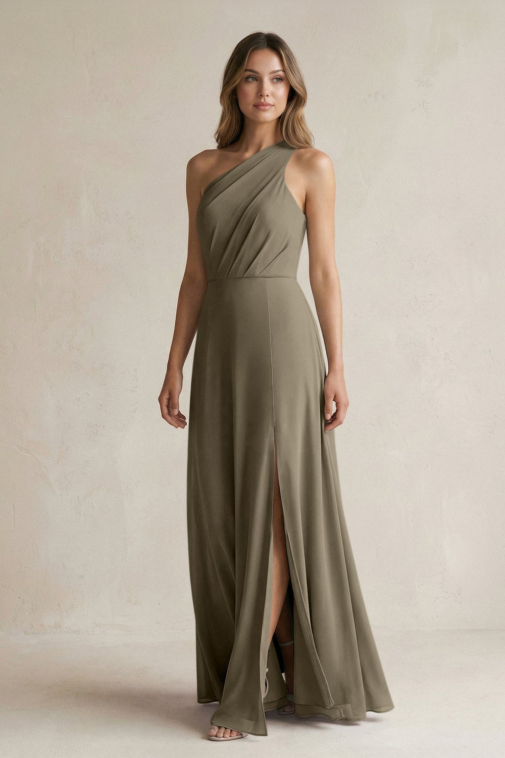 One-Shoulder Chiffon A-Line Bridesmaid Dress With Slit in Willow Green - KissProm BRIDESMAID DRESSES