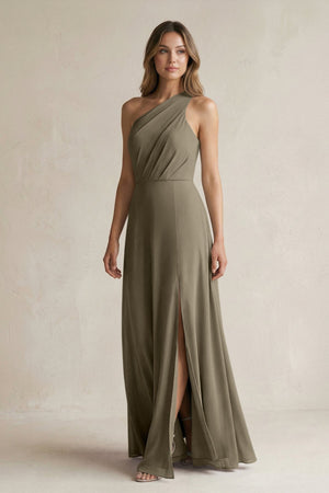 One-Shoulder Chiffon A-Line Bridesmaid Dress With Slit in Willow Green - KissProm BRIDESMAID DRESSES