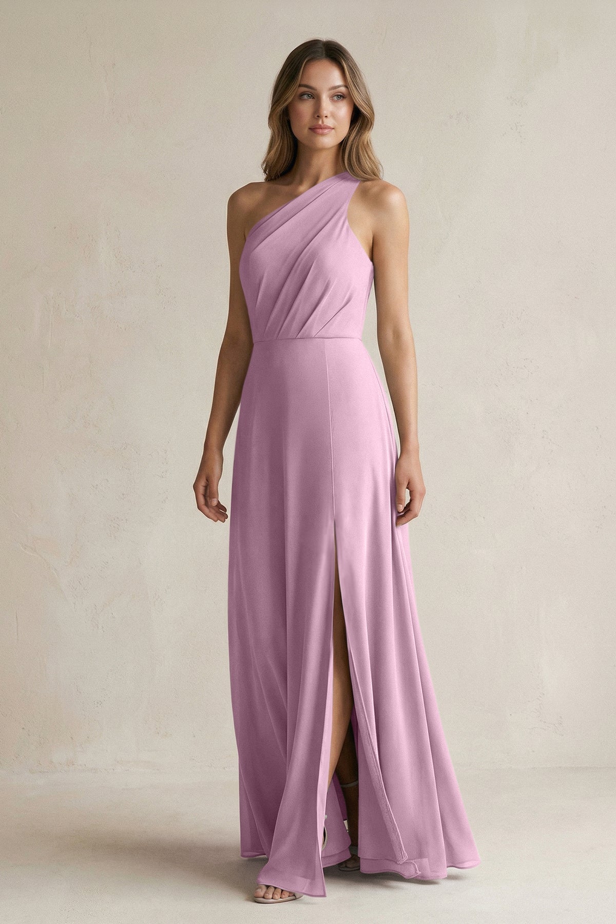 KissProm | One-Shoulder Ruched Chiffon Bridesmaid Dress in Wisteria KissProm | One-Shoulder Ruched Chiffon Bridesmaid Dress in Wisteria