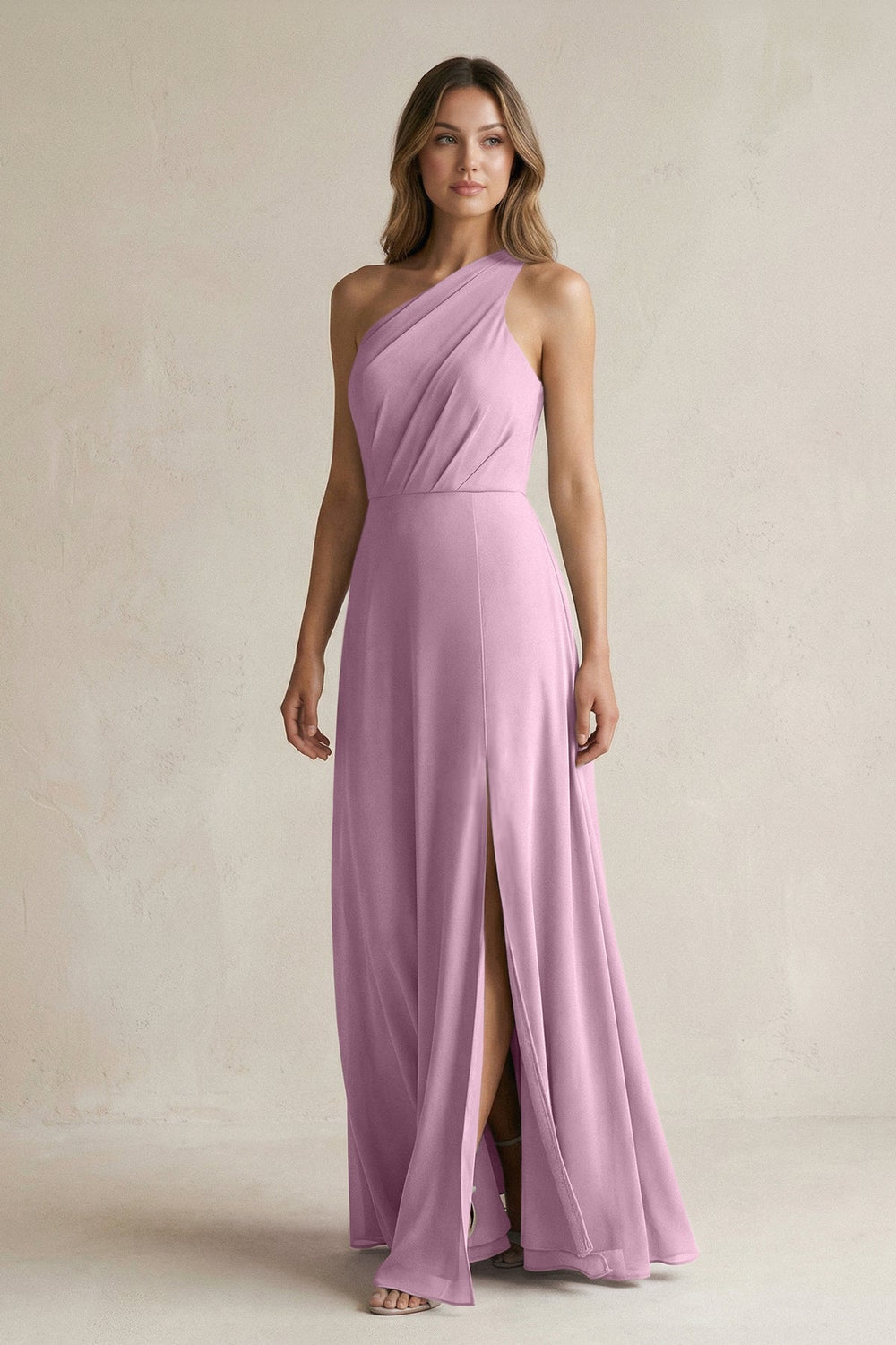 One-Shoulder Chiffon A-Line Bridesmaid Dress With Slit in Wisteria - KissProm BRIDESMAID DRESSES