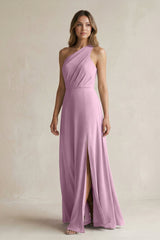One-Shoulder Chiffon A-Line Bridesmaid Dress With Slit in Wisteria - KissProm BRIDESMAID DRESSES