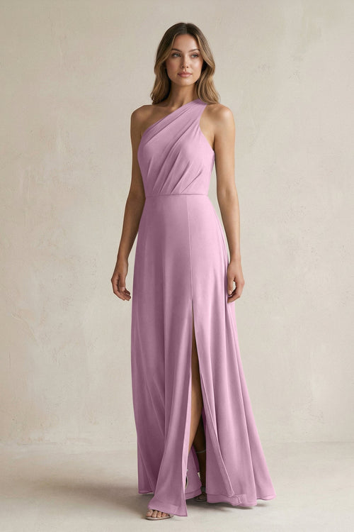 One-Shoulder Chiffon A-Line Bridesmaid Dress With Slit in Wisteria - KissProm BRIDESMAID DRESSES