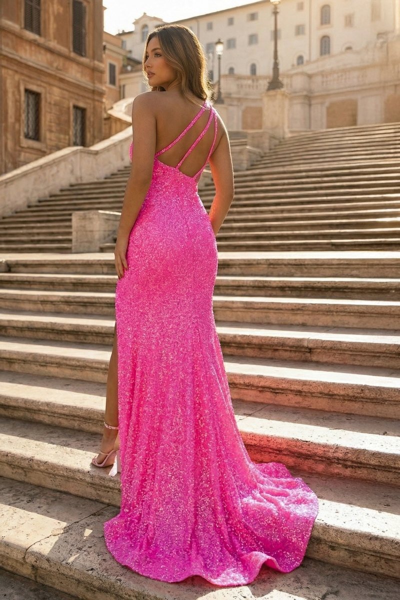 Adelina Orange Mermaid One-Shoulder Sequins Prom Dress With Tassels Pink / 8 Adelina Orange Mermaid One-Shoulder Sequins Prom Dress With Tassels Pink / 8