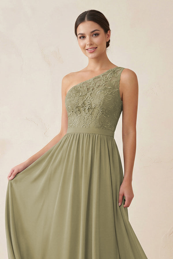 One - Shoulder Lace Chiffon A - Line Bridesmaid Dress - KissProm Bridesmaid Dresses