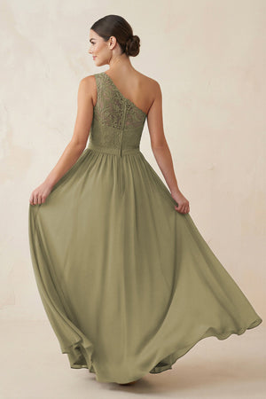 One - Shoulder Lace Chiffon A - Line Bridesmaid Dress - KissProm Bridesmaid Dresses
