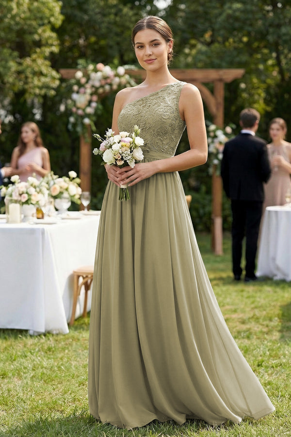 KissProm | One-Shoulder Lace Chiffon A-Line Bridesmaid Dress in Thyme KissProm | One-Shoulder Lace Chiffon A-Line Bridesmaid Dress in Thyme