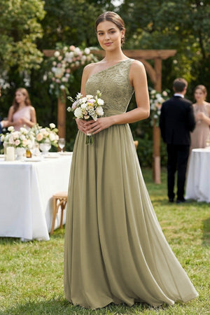 One - Shoulder Lace Chiffon A - Line Bridesmaid Dress - KissProm Bridesmaid Dresses
