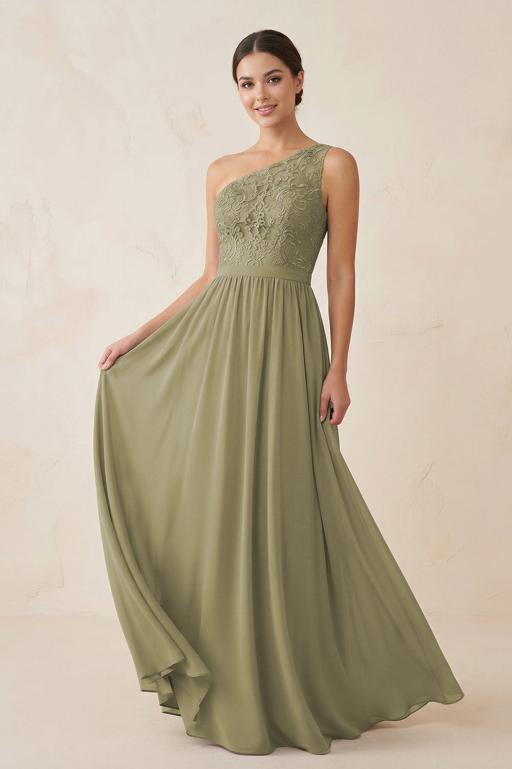 One - Shoulder Lace Chiffon A - Line Bridesmaid Dress - KissProm Bridesmaid Dresses