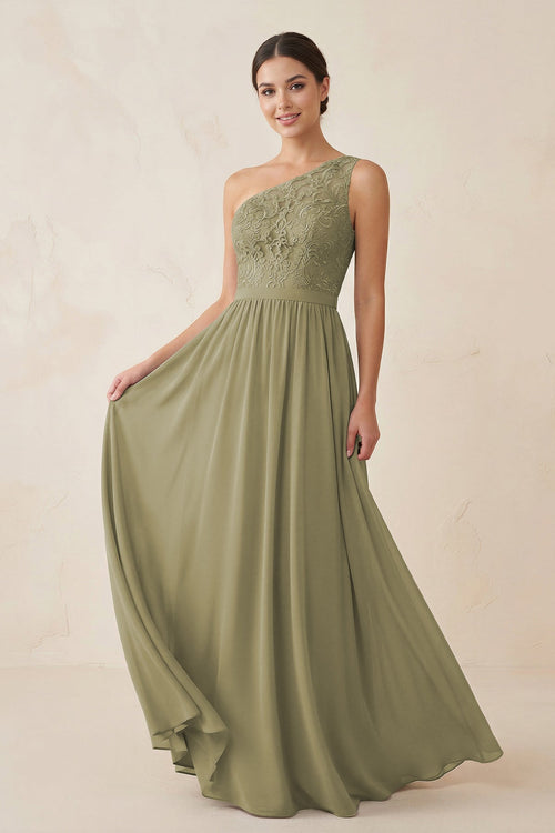 One - Shoulder Lace Chiffon A - Line Bridesmaid Dress - KissProm Bridesmaid Dresses