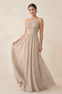 One - Shoulder Lace Chiffon A - Line Bridesmaid Dress in Almond - KissProm Bridesmaid Dresses