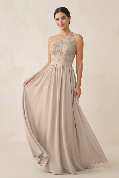 One - Shoulder Lace Chiffon A - Line Bridesmaid Dress in Almond - KissProm Bridesmaid Dresses