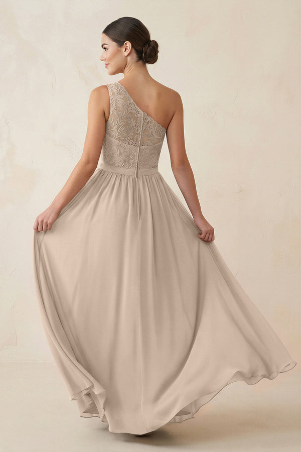 One - Shoulder Lace Chiffon A - Line Bridesmaid Dress in Almond - KissProm Bridesmaid Dresses