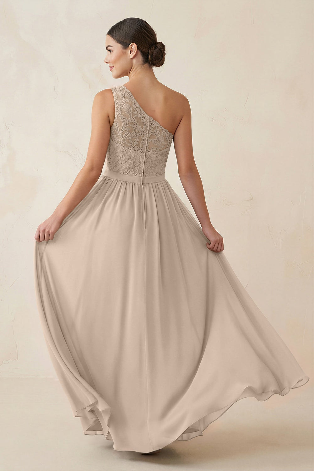 One - Shoulder Lace Chiffon A - Line Bridesmaid Dress in Almond - KissProm Bridesmaid Dresses